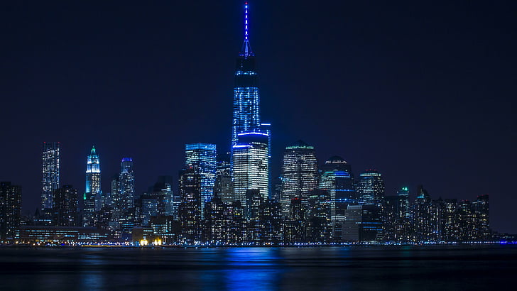 нощ, сини светлини, градски пейзаж, град, силует, метрополия, отражение, вода, небостъргач, кула, кула блок, архитектура, център, HD тапет