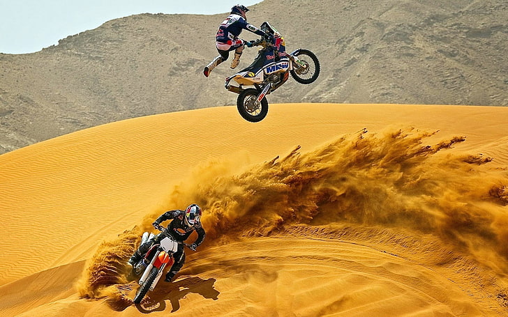 svart, vit och gul motocross smutscykel, motocross, öken, motorcykel, sand, HD tapet