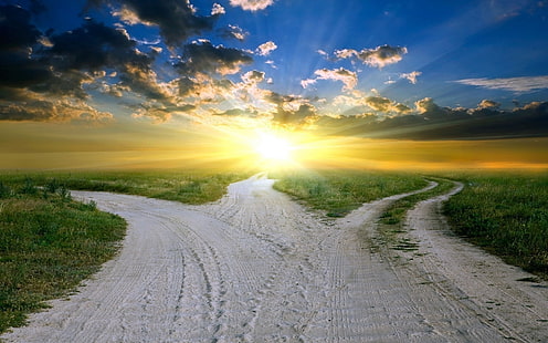 jalan pasir, cahaya, jalan, persimpangan, matahari, langit, awan, garpu, pasir, lapangan, Wallpaper HD HD wallpaper