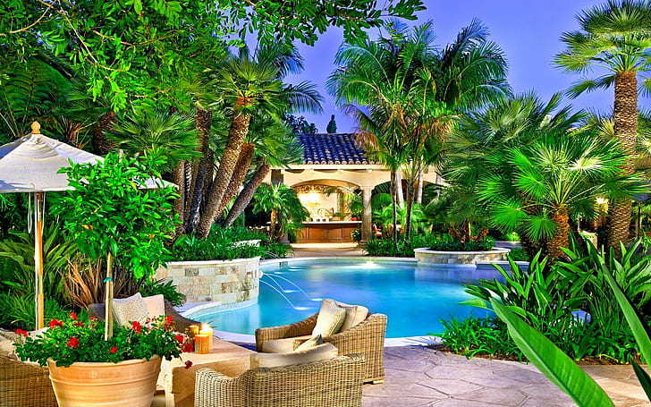 Luxury Summer Resort, palm trees, nature, interiors, flowers, vases, furniture, swimming pool, fountains, chairs, natu, HD wallpaper
