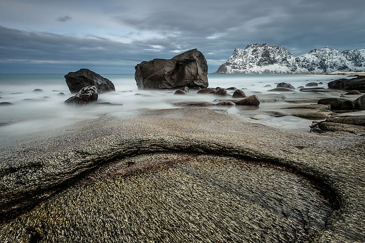 black rock formation on sea side, rock on, black rock, rock formation, sea, Beach, norway, norwegen, fjord, water, eos, Stein  stone, canon, landscape, sun, lofoten, europe, europa, nature, National  Geographic, 6d, long  exposure, color, Travel Photography, magic, light, deep, north, globetrotter, rock - Object, coastline, wave, outdoors, scenics, HD wallpaper