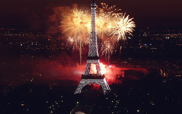 городской пейзаж, ночь, Эйфелева башня, Париж, Франция, фейерверк, HD обои