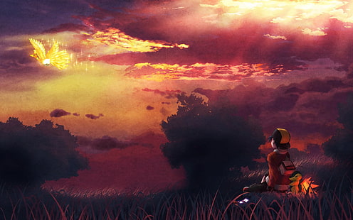 Pokemon Ash Tapete, Pokémon, Pokémon: Gold und Silber, Cyndaquil (Pokémon), Gold (Pokemon), Ho-oh (Pokémon), Sonnenuntergang, HD-Hintergrundbild HD wallpaper