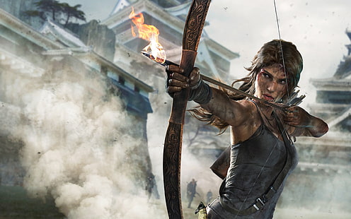 Tomb Raider Lara Croft Bow Arrow Fire HD, gry wideo, ogień, łuk, grobowiec, raider, strzałka, croft, lara, Tapety HD HD wallpaper