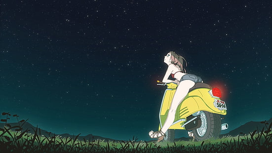 female riding yellow motor scooter illustration, anime girls, motorcycle, night, women with bikes, Haruhara Haruko, FLCL, HD wallpaper HD wallpaper