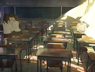 scuola di anime, aula, scrivanie, vento, ragazzo solitario, anime, Sfondo HD HD wallpaper
