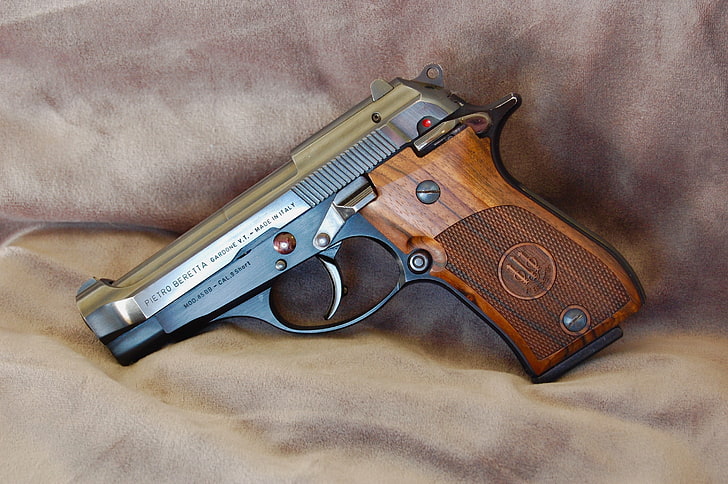 brown handled semi-automatic pistol, gun, weapons, Beretta, 1984, self-loading, HD wallpaper