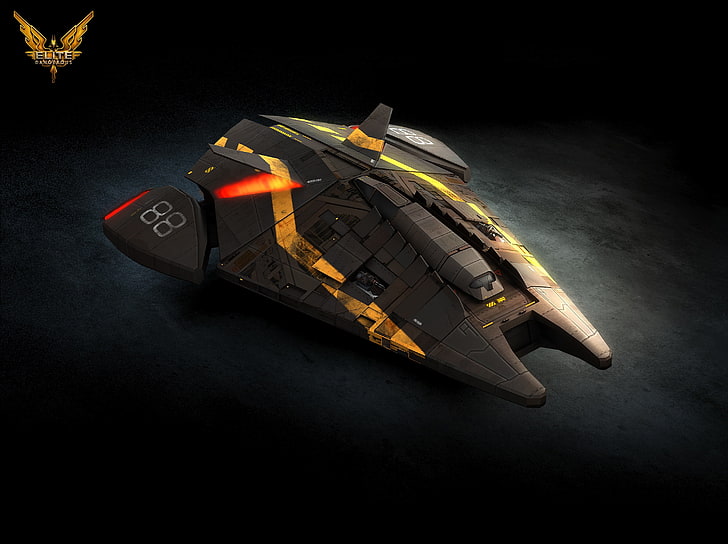 желтый и серый самолет обои, опасные элиты, игра, арт, Viper Mark 2, корабль, 88, эмблема, HD обои
