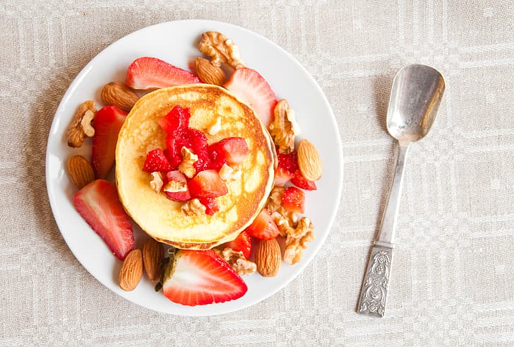 strawberry, nuts, pancakes, HD wallpaper
