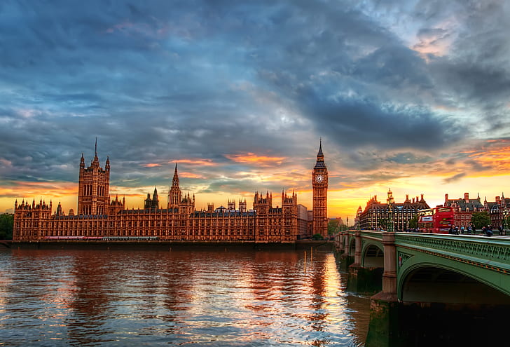 Pałace, Pałac Westminsterski, Big Ben, Most, Chmura, Londyn, Pałac, Zachód słońca, Tapety HD