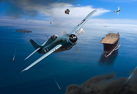 เครื่องบินรบสีน้ำเงินทะเลท้องฟ้าสงครามรูปเรือเครื่องบินรบศิลปะเรือบรรทุกมิตซูบิชิต่อสู้อเมริกันเครื่องบินญี่ปุ่นพิฆาต WW2 Zero Hellcat F6F Grumman « Akagi » A6M, วอลล์เปเปอร์ HD HD wallpaper