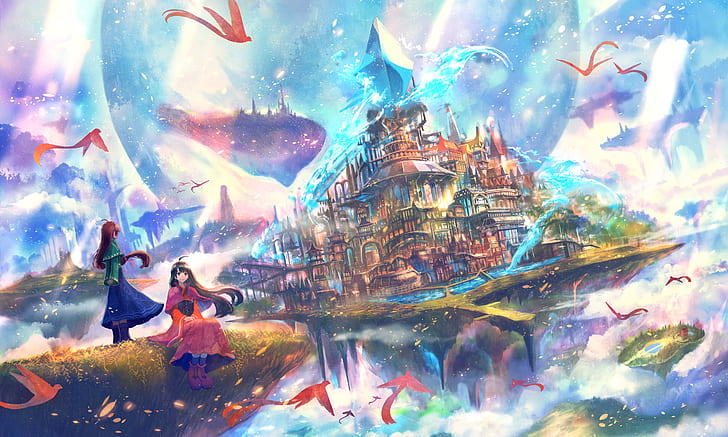 Anime, Original, Bird, Building, City, Cloud, Fantasy, Floating Island, Girl, HD wallpaper