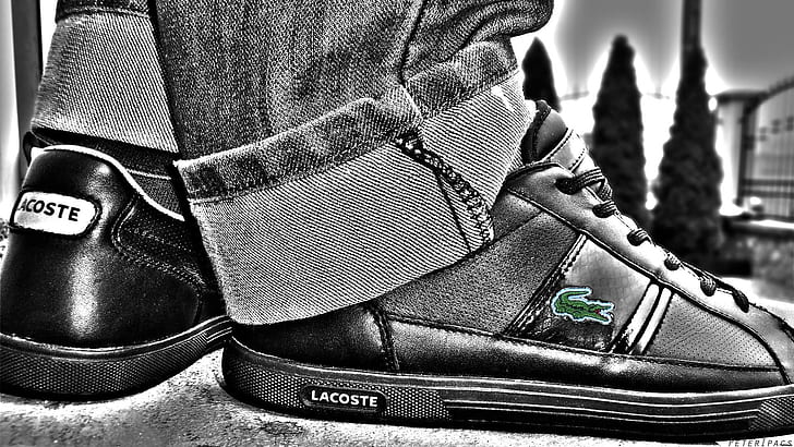 Lacoste, black-and-grey lacoste sneakers, lacoste, cool, fullhd, brand, shoes, 3d and abstract, HD wallpaper