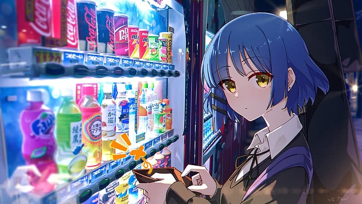 аниме, аниме девушки, BOCCHI THE ROCK!, yamada ryo, торговый автомат, кошелек, напиток, голубые волосы, желтые глаза, HD обои