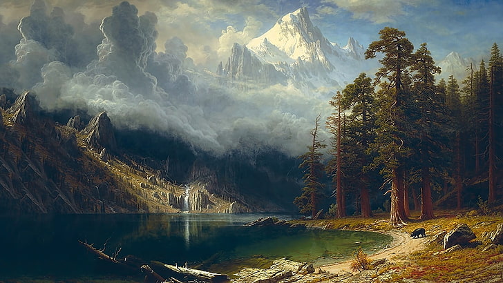 body of water painting, nature, landscape, painting, artwork, trees, forest, clouds, Albert Bierstadt, Sierra Nevada, USA, lake, mountains, snowy peak, dead trees, animals, bears, stone, classical art, HD wallpaper
