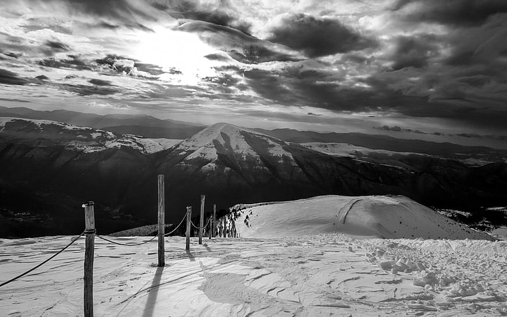 gray railings, monochrome, mountains, nature, landscape, clouds, skiing, fence, snow, HD wallpaper