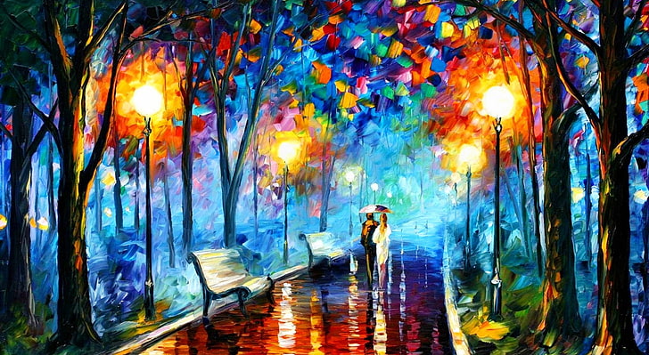 Pintura abstrata, masculino e feminino andando no caminho cercado por árvores, pintura, artística, desenhos, coloridos, pessoas, árvores, dia chuvoso, pintura colorida, HD papel de parede