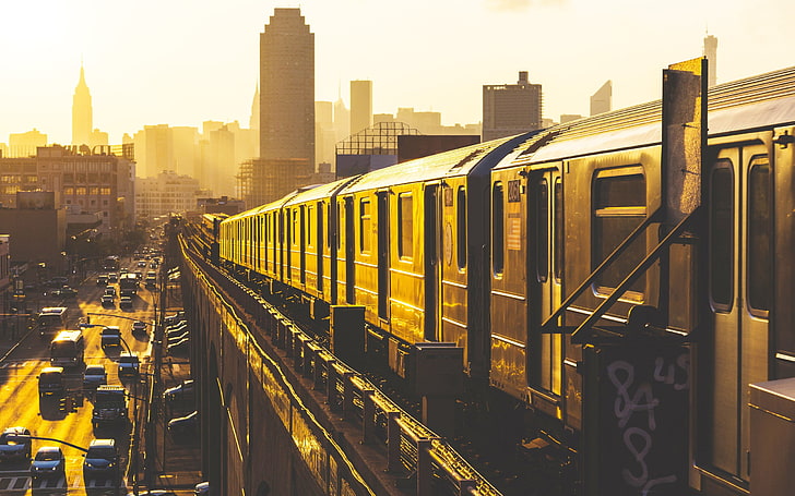 black train, brown passenger train, New York City, train, vehicle, cityscape, HD wallpaper