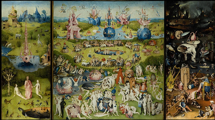 trzy obrazy abstrakcyjne, obraz, tryptyk, Hieronymus Bosch, Ogród rozkoszy ziemskich, Tapety HD