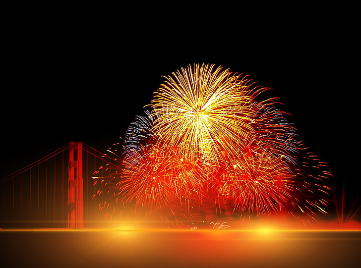 Happy New Year 2016 Fireworks, fireworks near bridge, Holidays, New Year, Rocket, Light, Fireworks, Midnight, 2015, 2016, newyearsday, newyearseve, sylvester, turnoftheyear, pyrotechnics, showerofsparks, stareffects, fireworksart, HD wallpaper