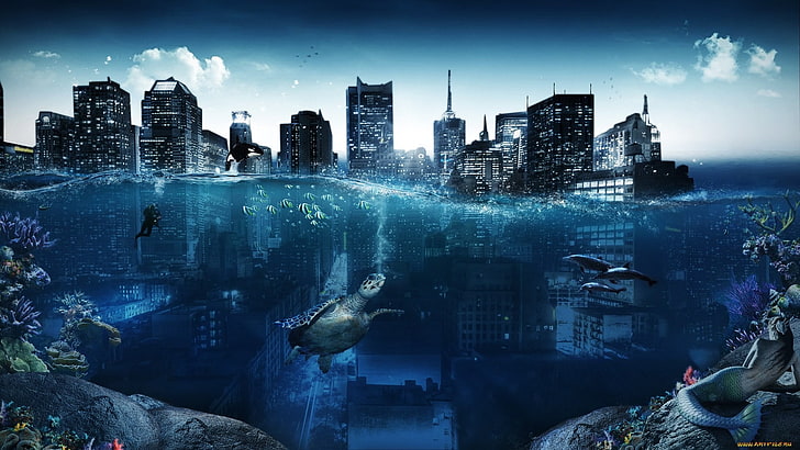 fond d'écran sous l'eau, villes submergées, eau, tortue, plongeurs, vue partagée, gratte-ciel, corail, dauphin, poisson, art numérique, sirènes, animaux, apocalyptique, Fond d'écran HD
