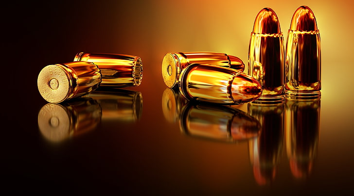 Gold Bullets HD Wallpaper, gold gun bullets, Army, Gold, Reflection, Bullets, Ammunition, Weapon, blender, 3Dmodeling, HD wallpaper