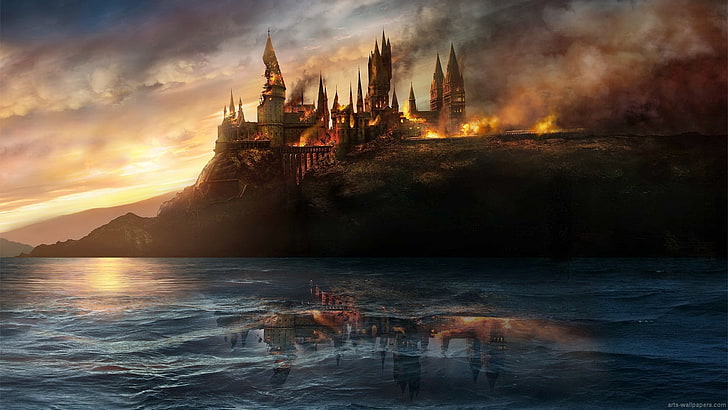 горящ замък тапет, Хари Потър, Хогуортс, битка при Хогуортс, HD тапет