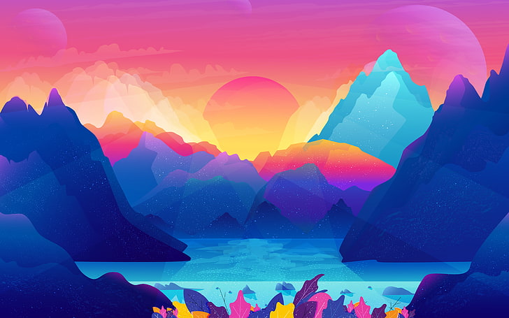 ملون ، رسم ، شمس ، جبال ، متدرج، خلفية HD