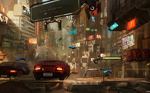 sztuka cyfrowa, futurystyczne miasto, samochód, fantasy art, science fiction, cyberpunk, pejzaż miejski, dzieło sztuki, Tapety HD HD wallpaper