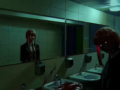 Motorsågsman, Makima (motorsågsmannen), spegel, skräck, badrum, tittar på tittaren, läshuvud, animeflickor, HD tapet HD wallpaper