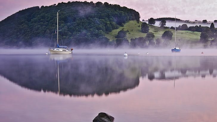 misty, morning, boat, sailboat, mist, lake, reflection, HD wallpaper