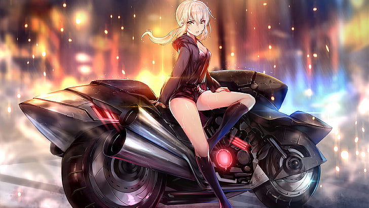 аниме женский персонаж, аниме, женщины, Sabre Alter, Fate Series, мотоцикл, шорты, HD обои