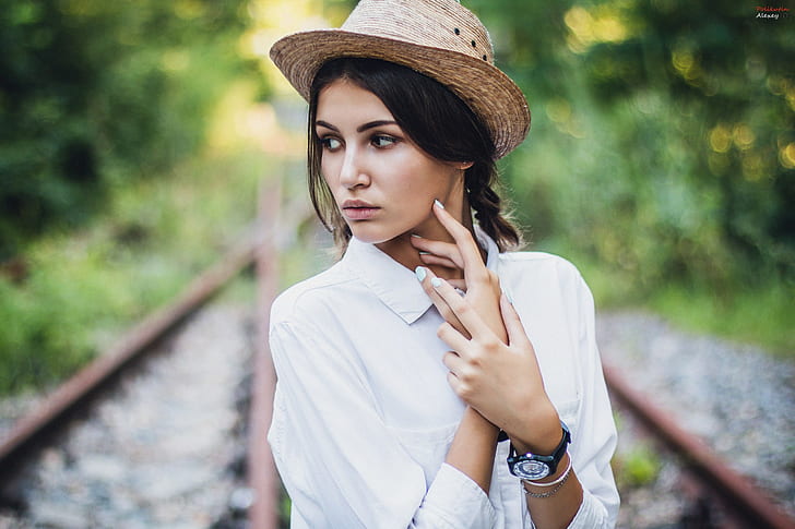shirt, hat, depth of field, face, portrait, women, looking away, railway, HD wallpaper