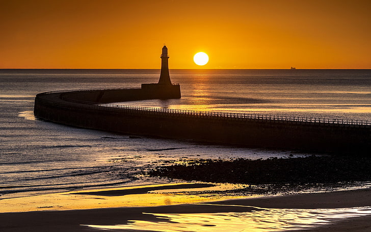 sea, sunset, Sunderland, Roker Lighthouse, HD wallpaper