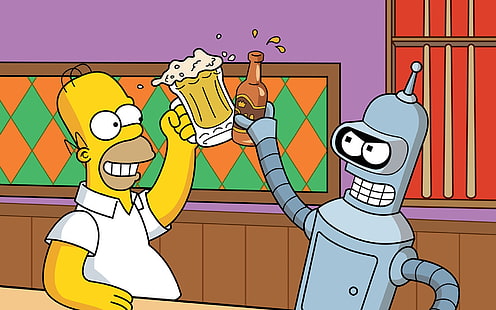 Bart Simpsons, Futurama, cartoon, Bender, The Simpsons, Homer Simpson, beer, HD wallpaper HD wallpaper