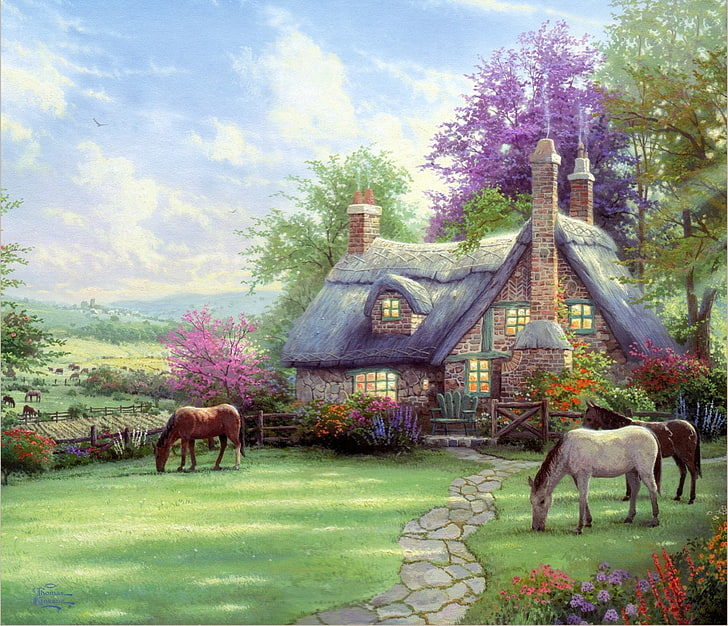 tableau multicolore de maison et de chevaux, nature, maison, chevaux, tableau, Thomas Kinkade, cheval, Un jour d'été parfait, Fond d'écran HD