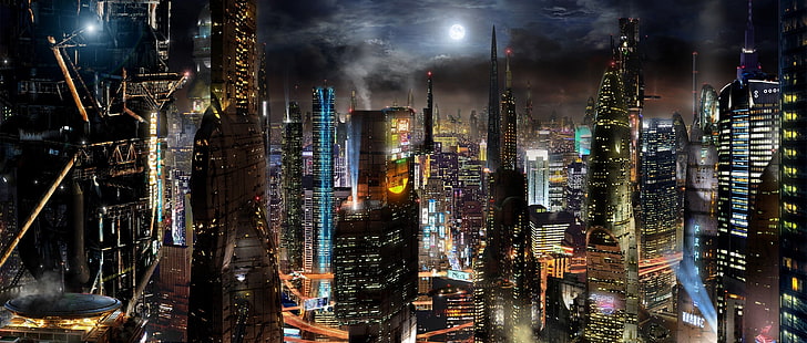 cityscapes wallpaper, the city, future, fiction, building, City, fantasy, skyscrapers, megapolis, sci-fi, buildings, Scott Richard, futurism, megalopolis, HD wallpaper