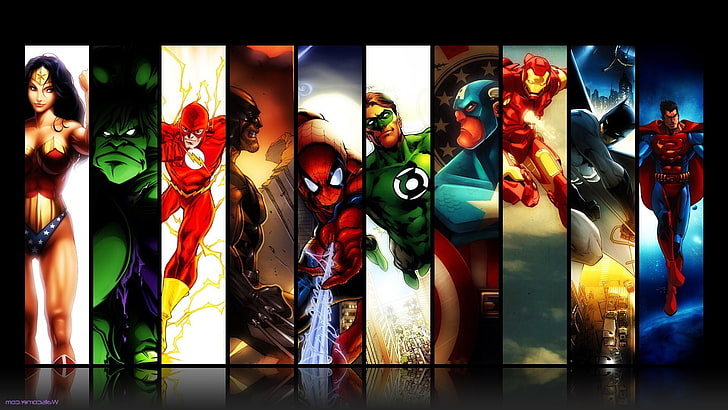 Бэтмен, Капитан Америка, Комиксы DC, Зеленый Фонарь, Халк, Железный человек, Человек-паук, Вспышка, Росомаха, Чудо-Женщина, HD обои