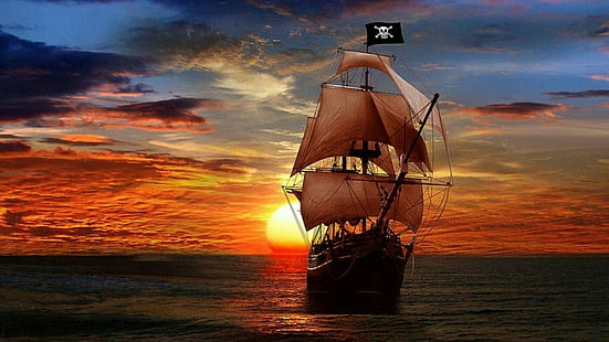 pirate, caravel, sailing ship, calm, sea, sky, ocean, sunset, galleon, sunrise, horizon, carrack, ship of the line, schooner, ship, HD wallpaper HD wallpaper