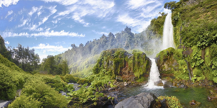 vattenfall, natur, landskap, vattenfall, flod, panorama, damm, skog, buskar, kullar, moln, träd, mossa, sommar, Chile, nationalpark, HD tapet