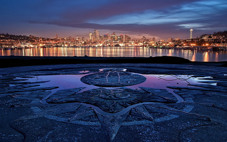 Stadtbild in der Nähe von Gewässer, Seattle, Wasser, Nacht, Stadtbild, Stadt, Lichter, HD-Hintergrundbild