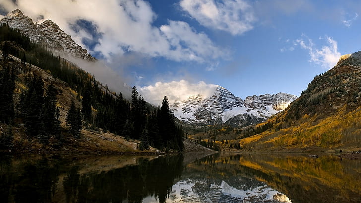природа, пейзаж, озеро, горы, лес, туман, осень, утро, снежная вершина, вода, отражение, облака, Колорадо, HD обои