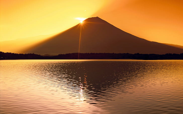 montañas, lago, reflejo, luz solar, monte Fuji, Japón, silueta, Fondo de pantalla HD
