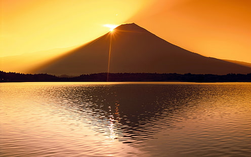 горы, озеро, отражение, солнечный свет, гора Фудзи, Япония, силуэт, HD обои HD wallpaper
