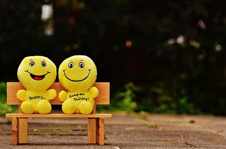 two happy emoji plush toys, smiles, happy, cheerful, smile, bench, cute, HD wallpaper