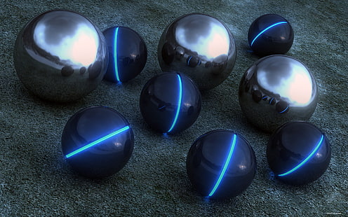 four black and blue bowling balls, abstract, 3D, sphere, glowing, reflection, HD wallpaper HD wallpaper