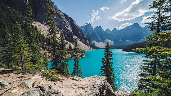 自然、荒野、湖、山の湖、トウヒのモミの森、山、氷河湖、モレーン、タルン、国立公園、十峰の谷、谷、バンフ国立公園、山脈、カナダ、モレーン湖、 HDデスクトップの壁紙 HD wallpaper