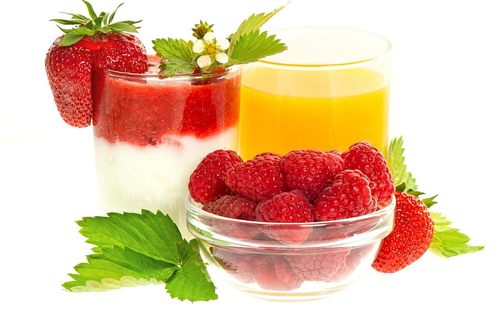 strawberry and raspberries, berries, raspberries, strawberries, dessert, juice, HD wallpaper