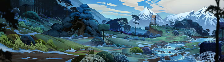 dağlar nehir kar orman çift monitörler ultra geniş doğa manzara dijital sanat ağaçlar, HD masaüstü duvar kağıdı