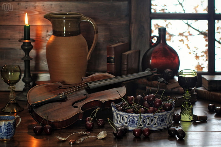 cherry, berries, violin, books, bottle, candle, glasses, pitcher, still life, spoon, HD wallpaper